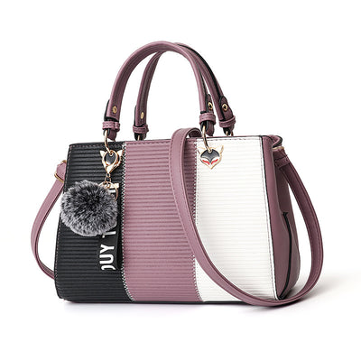 Women's Patchwork Handbag with Hairball Charm