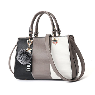 Women's Patchwork Handbag with Hairball Charm