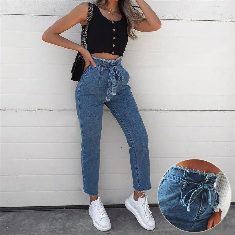 Women's High-Waisted Washed Denim Pencil Pants