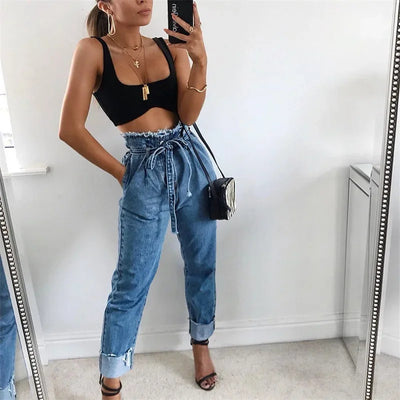 Women's High-Waisted Washed Denim Pencil Pants