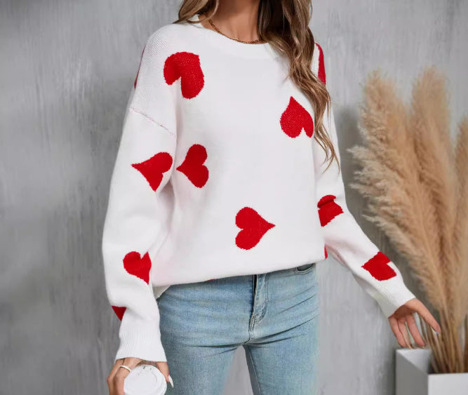 Plus Size Peach Heart Knitted Sweater – Round Neck Pullover