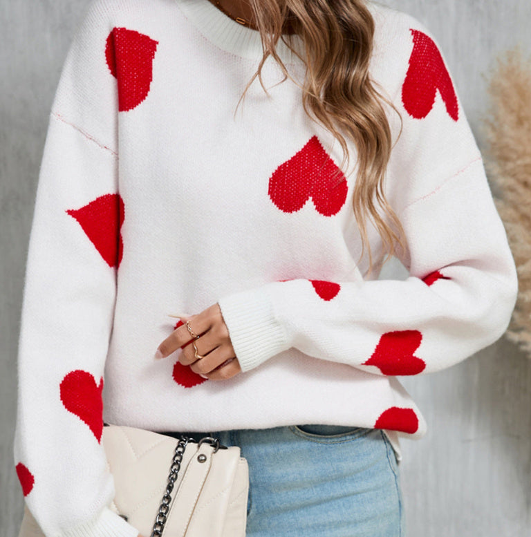 Plus Size Peach Heart Knitted Sweater – Round Neck Pullover